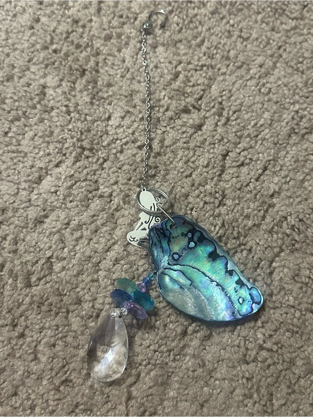 Abalone Shell & Crystal Drop Pendant Iridescent Blue-Green Sun Catcher